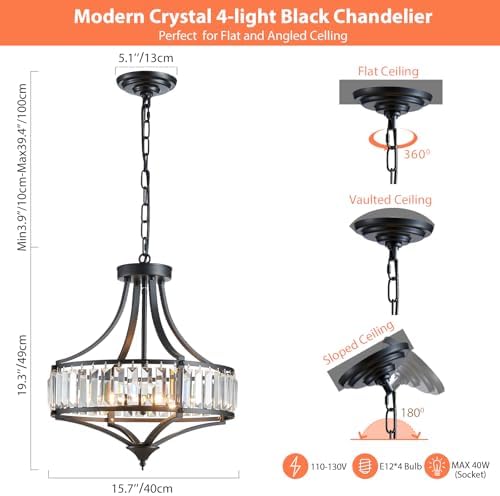 Black Crystal Chandeliers for Dining Room, Round Rustic Farmhouse Chandelier with Metal Shade 4-Light Modern Pendant Lighting for Hallway, Bedroom, Foyer - Image 3