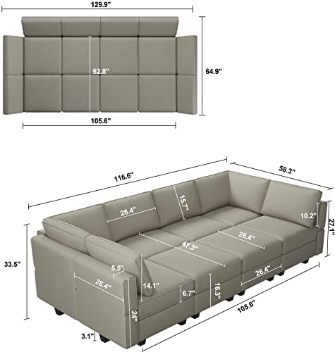 Belffin Modular Sectional Sofa with Storage Chaises Sectional Sleeper Sofa Couch 8 Seat Sectional Bed Grey - Image 2