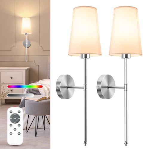 NIORSUN Brushed Nickel Battery Operated Wall Sconce Set of 2,Rechargeable Wall Lights with 10400mAh Dimmable Detachable Bulbs and Remote,9 Colors Wireless Sconces for Bedroom Living Room Hallway by NIORSUN