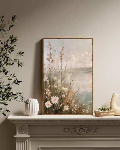 InSimSea Framed Canvas Wall Art Vintage Decor, Wildflowers Landscape Pictures Bathroom Wall Decor Aesthetic, Living Room Bedroom Flower Nature Home Decorations, 16x24inch - Image 5