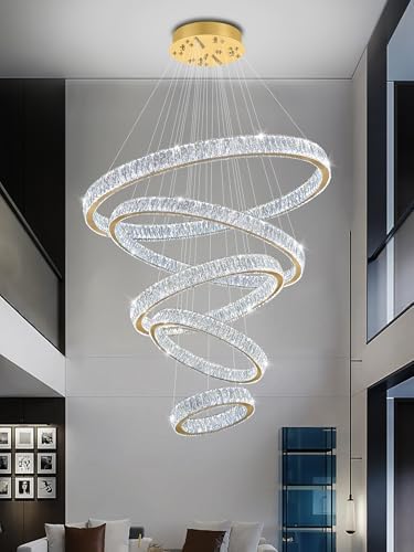 Modern Gold Ring Chandelier for High Ceiling Foyer,Large Crystal Chandelier for Staircase Villa D8''+15.7"+23.6"+31.5"+39.4" - Image 5