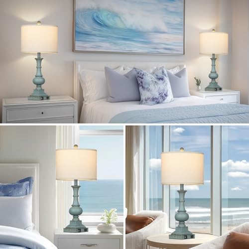 Lolikit 26" Tall Coastal Farmhouse Lamp for Living Room, Vintage Table Lamp with USB A/C Charging Ports & AC Outlets for Nightstand,3-Way Dimmable Touch Control Bedside Lamp for Bedroom End Table Blue - Image 6