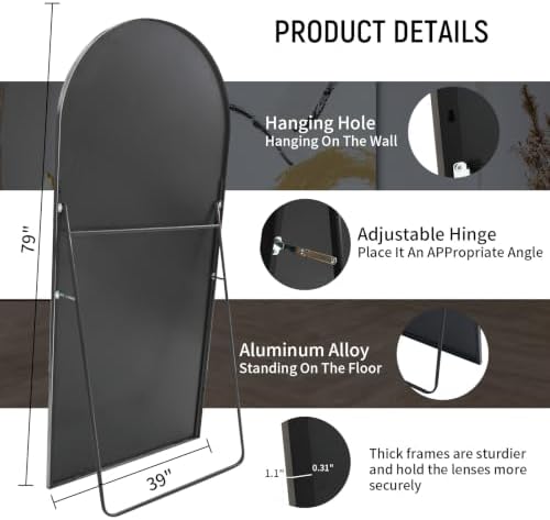 Beauty4U 79" x 39" Arched Full Length Mirror with Stand, Black Floor Mirror - Image 2