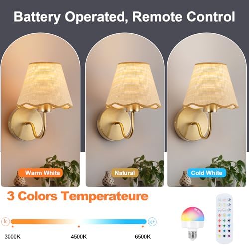 ADISUN Battery Operated Wall Sconce Set of 2, Gold Wall Lamps Rechargeable Bulbs for Living Room, Rattan Shade Wireless Wall Lights for Bedroom Living Room Hallway Kitchen(2 Bulbs Included) - Image 3
