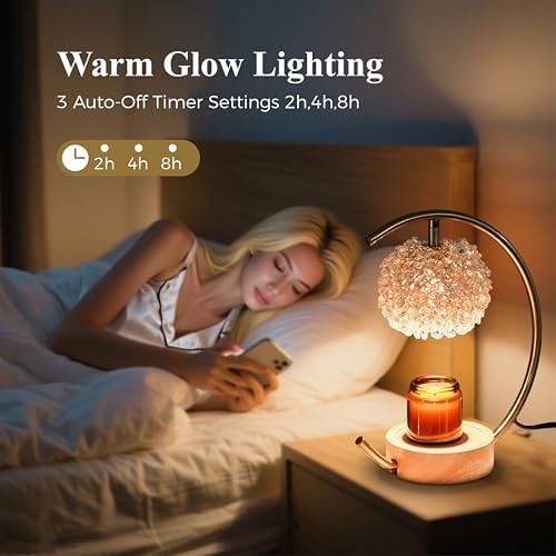 Yeuslor Gold Candle Warmer Lamp for Jar Candles with Adjustable Brightness＆Timer，Handcrafted Crystal＆Wooden Base, Luxurious Design,Home Decoration Electric Candle lamp(C-Shaped) - Image 5