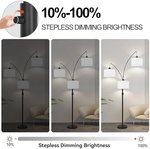 Dimmable Floor Lamp - 3 Lights Arc Floor Lamps for Living Room,Modern Tall Standing Tree Lamp with White Drum Linen Shade & Heavy Base,Mid Century Floor Lamp for Bedroom Corner Office,Bulbs Included - Image 2