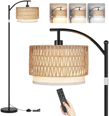 ROTTOGOON Arc Floor Lamps for Living Room, Boho Farmhouse Floor Lamp with Remote & Dimmable Bulb, Standing Lamp with Rattan & Fabric Shades, Adjustable Tall Lamp for Bedroom Office-Black by ROTTOGOON