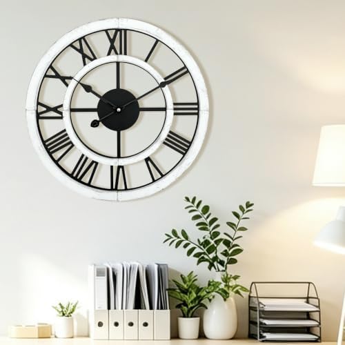 16 Inch Rustic Wall Clock Silent Non-Ticking Wooden Wall Clocks with Roman Numerals Farmhouse Decorative Clock for Living Room Bedroom Office (White) by BlueprintIvy