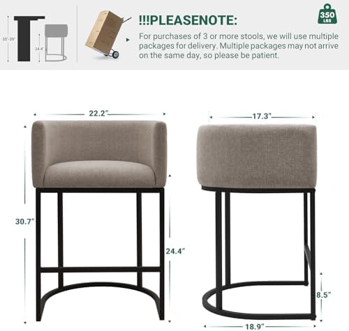 Counter Height Bar Stools Set of 4, 24 Inch Seat Height Barstools for Dining Room, Fabric Upholstered Bar Chair for Kitchen Island, Linen Counter Stools with Metal Legs, Sand - Image 2