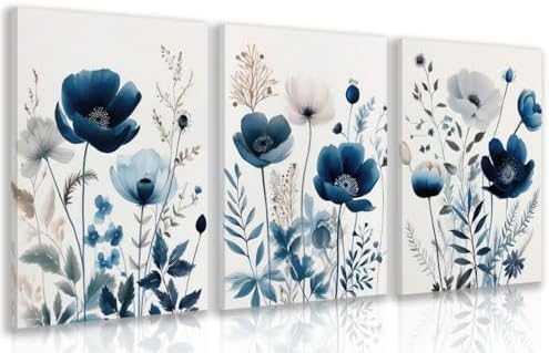 LLEEMPI Framed Navy Blue Floral Wall Art Set of 3, 12x16 Inch Canvas Prints by Unknown