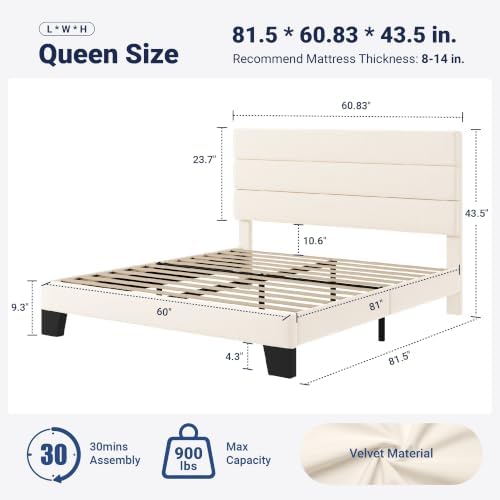 Allewie Queen Size Platform Bed Frame with Velvet Upholstered Headboard and Wooden Slats Support, Fully Upholstered Mattress Foundation/No Box Spring Needed/Easy Assembly, Cream - Image 2