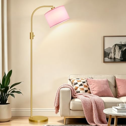 Nintiue Dimmable Floor Lamp, 1200 Lumens LED Edison Bulb Included, Arc Gold Floor Lamps for Living Room Modern Standing Lamp with Pink Linen Shade - Image 5