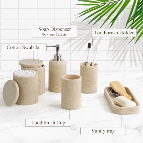 Bathroom Accessories Set, 6-Piece Bathroom Accessory Set, Toothbrush Holders Set, Soap Dispenser, Vanity Tray, Tumbler, Cotton Swab Jars, Bathroom Organizer for Modern Bathrooms,Faux Travertine - Image 6