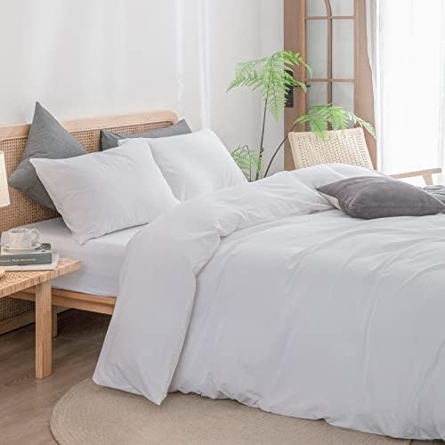 BESTOUCH Cotton Solid Duvet Cover Set Linen Feel Bright White Queen - Image 2
