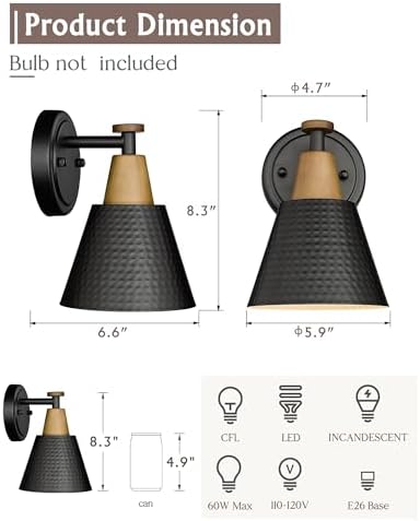 FEMILA Black Wall Sconces, Rustic Industrial Wall Lamps, 1-Light Sconces Wall Lighting with Hammered Metal Shade, Bathroom Vanity Light Fixture for Bedroom Living Room Kitchen,4FG59B BK - Image 2