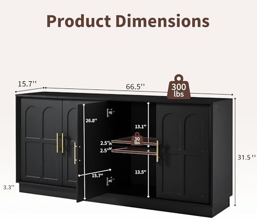 66.5" Sideboard Buffet Cabinet with Storage, Modern Credenza - Image 3