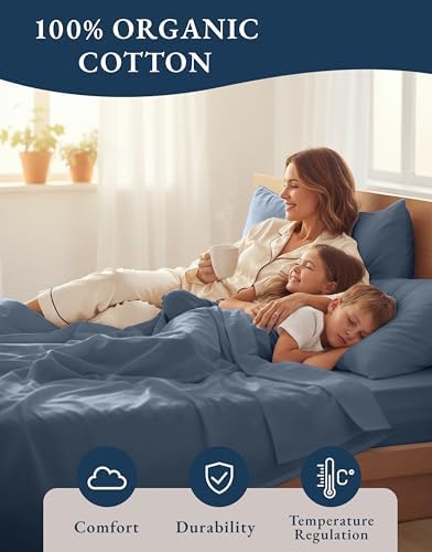 LANE LINEN Queen Bed Sheet Set 100% Organic Cotton 4pc Soft - Estate Blue - Image 6