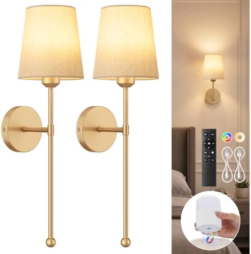 Battery Operated Wall Sconce, Gold and Beige Shade, 2 pack,RF Remote by Percantis