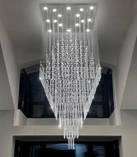 HAIXIANG W40 x H120 Glam Chandelier with LED Bulbs Square Chandeliers, Crystal Raindrop High Ceiling Pendant Light for Entrance Large Villa Chandelier Foyer Lighting Fixtures Silver - Image 4