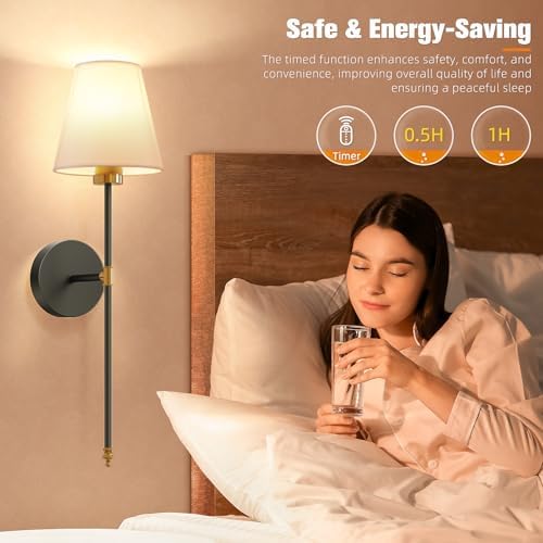 NIORSUN 19.9 inch Battery Operated Wall Sconce Set of 2,Gold-Black Rechargeable Wall Lights with 10400mAh Dimmable Detachable Bulbs and Remote, Wireless Sconces for Bedroom Living Room Hallway - Image 5