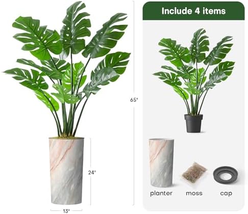 Artificial Tree in Modern Granite Effect Planter, Fake Monstera Silk Tree for Indoor and Outdoor Home Decoration - 65" Overall Tall (Plant Pot Plus Tree) - Image 3