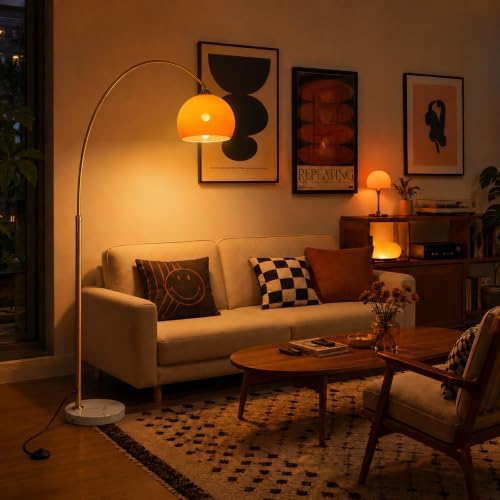 Mid Century Modern Orange Arc Floor Lamp,Gold Body,for Living Room - Image 3
