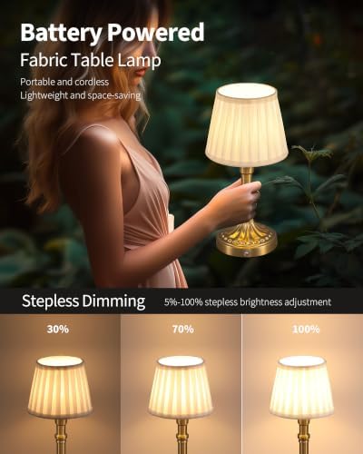 KDG Gold Cordless Portables Table Lamp, Beige Fabric Shade Small Desk Lamp - Image 4