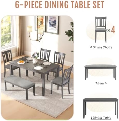Zevemomo 6-Piece Solid Wood Dining Table Set, Dining Table Set for 6, Grey - Image 4