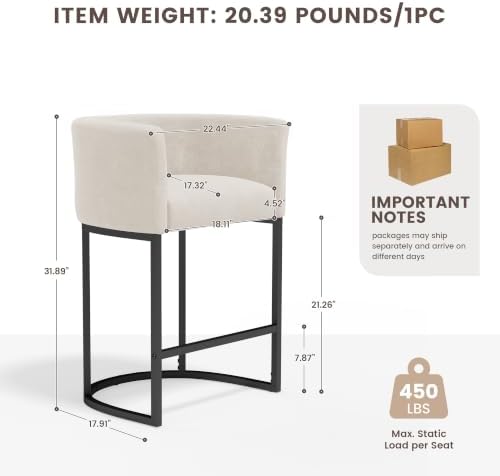 GRUSIGN Chenille Counter Height Bar Stools Set of 3, 26" Kitchen Island Stools with Arms & Footrest, Upholstered Barrel Back Bar Chairs for Kitchen， Dining Room, Bar & Lounge Area, Off-White - Image 2