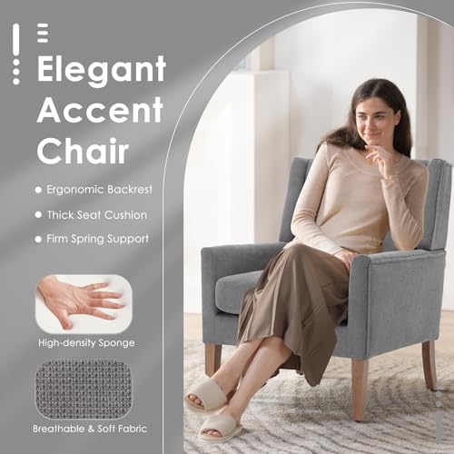 COLAMY Modern Wingback Living Room Chair, Upholstered Fabric Accent Armchair, Single Sofa Chair with Lounge Seat and Wood Legs for Bedroom/Office/Reading Spaces, Gery - Image 3