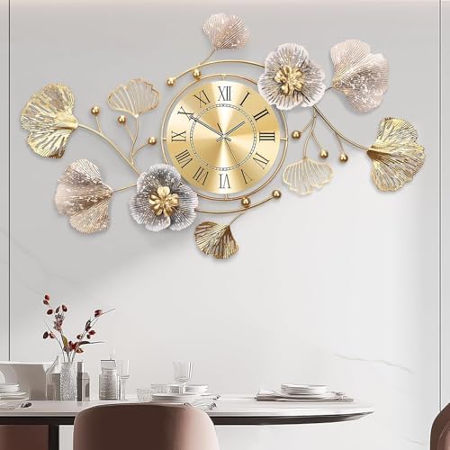 47" Modern Farmhouse Large Decorative Wall Clock, Ginkgo Metal Art by JXQXYN