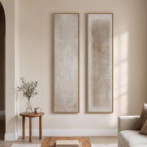 Large Framed Vertical Wall Art, Set of 2 Neutral Beige Abstract Wall Decor - Image 5