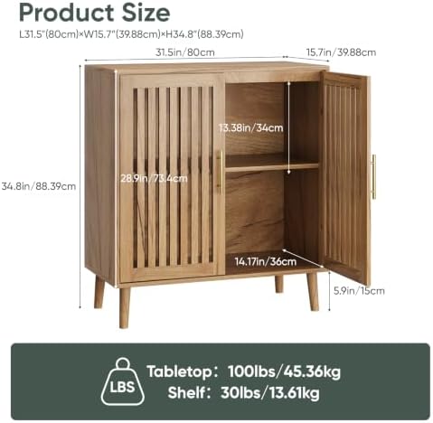 Smart FENDEE Sideboard Cabinet, 31.5" W Farmhouse Buffet Cabinet with Slatted Doors & Adjustable Shelf, Wooden Coffee Bar Storage Station for Kitchen, Dining Room, Living Room, Entryway, Natural - Image 2