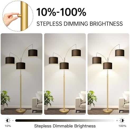Dimmable Floor Lamp, 3 Lights Gold Arc Floor Lamp, Modern Tall Standing Tree Lamp with Black Linen Shades & Heavy Base, 3000LM LED Bulbs, Bright Lighting for Living Room, Bedroom, Office & Reading - Image 3