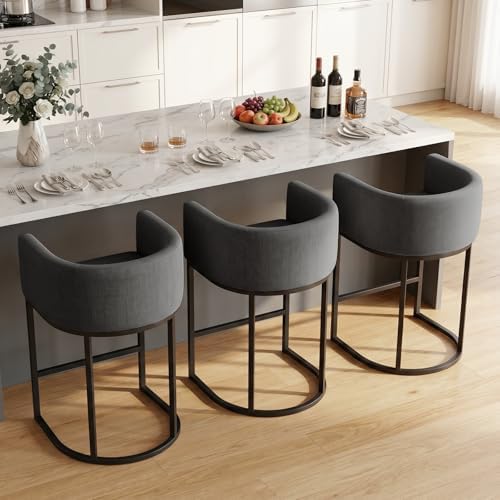 Counter Height Bar Stools Set of 3, 24 Inch Seat Height Barstools for Dining Room, Fabric Upholstered Bar Chair for Kitchen Island, Linen Counter Stools with Metal Legs, Carbon Black by KRAMZMINGQualityHome