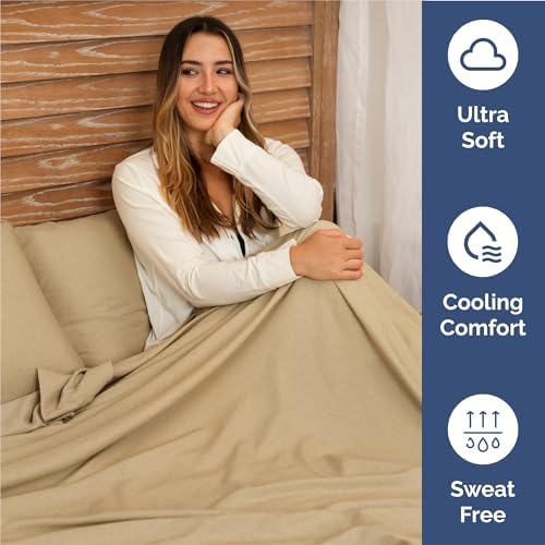 Split King Size 5 Piece Sheet Set - Breathable & Cooling - Heathered Tan - Image 4