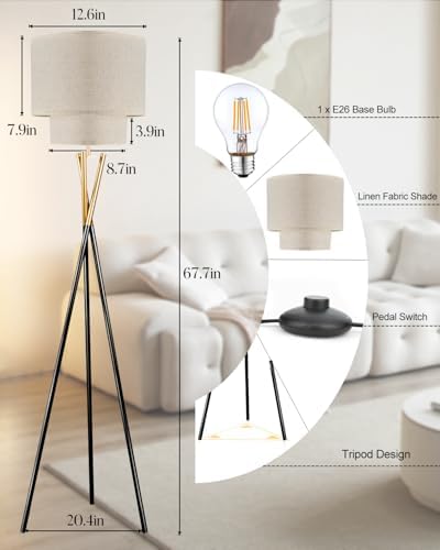 Lightdot Black Tripod Floor Lamp, Modern Floor Lamps for Living Room, Standing Lamp with Dual Drum, E26 Bulb Included, 67.7" Tall Floor Lamp for Bedroom, Home Office - Image 2