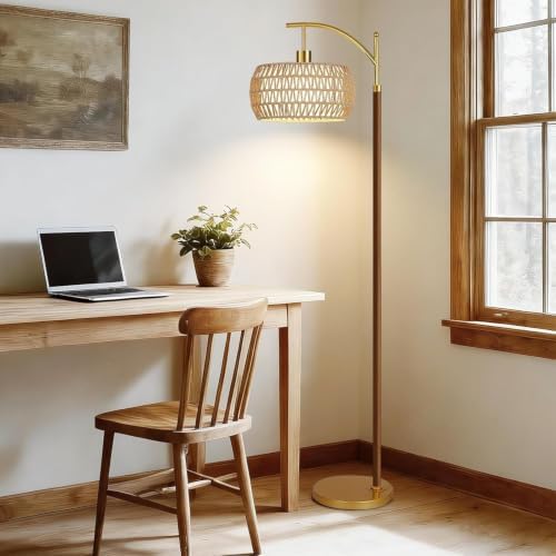 ZECOXOL Wood Floor Lamps for Living Room Arc Boho Floor Lamp with Remote Control & 3 Color Temperatures,Vintage Wicker Rattan Standing Lamp Dimmable Tall Floor Lamp for Bedroom Living Room Corner - Image 3