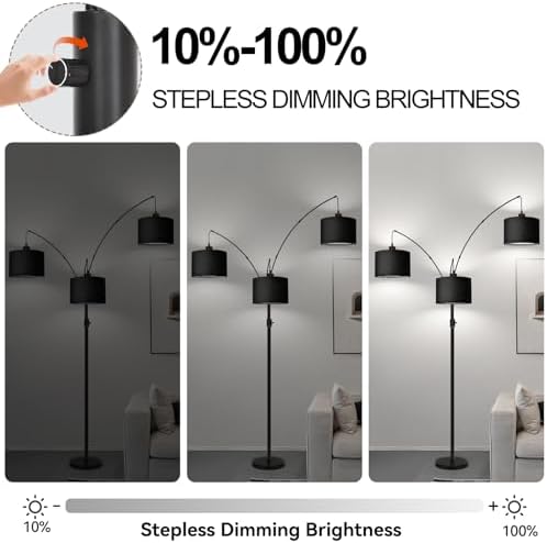 Dimmable Floor Lamp - 3 Lights Arc Floor Lamps for Living Room,Modern Tall Standing Tree Lamp with Black Linen Shade & Heavy Base,Mid Century Floor Lamp for Bedroom Corner Office, 3 LED Bulbs Included - Image 2