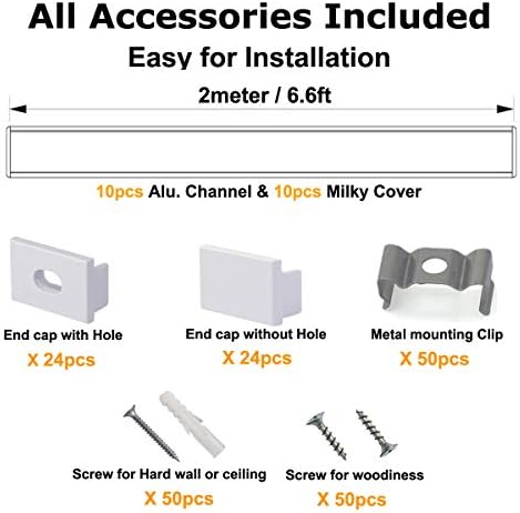 hunhun 10-Pack 6.6ft/ 2Meter Plus-Size U Shape LED Aluminum Channel System with Milky Cover, End Caps and Mounting Clips, Aluminum Profile for LED Strip Light, Special for Philips Hue Strip - Image 2