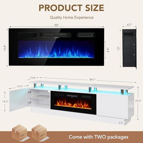 90" TV Stand for Living Room, Large Entertainment Center & Media Console, Fits TVs up to 100", Storage Cabinet with Shelves, 50" Electric Fireplace, White & Black - Image 2