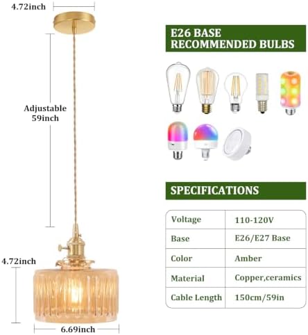 Shenmoyl Pendant Light 2 Pack with Amber Striped Glass Lmapshade, Brass Vintage Pendant Light Adjustable Hanging Light for Kitchen Island Dining Room Hallway - Image 5