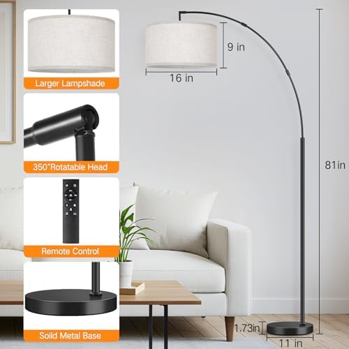 OUTON 81" Arc Floor Lamp, 12W 1080LM LED Dimmable Floor Lamp with 16" Beige Lampshade, Remote Control & Foot Switch, 4 Colour Temperatures, Tall Standing Lamp for Living Room Bedroom Office, Black - Image 2
