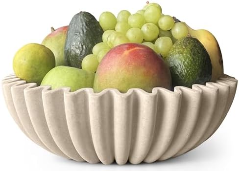 12" Extra Large Decorative Bowl – Decorative Fruit Bowl for Kitchen Counter, Modern Handmade Bowls for Home Decor, Ruffle Decor, Stylish Key Bowl for Entryway Table, Beige Artificial Stone by Unknown
