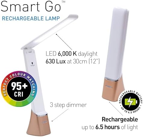 Daylight Company Smart Go Portable Lamp, Ideal for Reading, Light Therapy, Everyday Tasks, Crafts, Desk Work, DIY, Led, Chargeable lamp, 95+ CRI, 1 Count (Pack of 1), White - Image 3