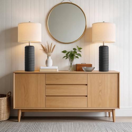 PoKat 27.5'' Tall Table Lamps Set of 2 for Living Room, Matte-Textured Farmhouse Ceramic Bedside Lamps for Bedroom, Modern Nightstand Lamps for Office Sideboard Hallway Home Decor, Matte Black - Image 2