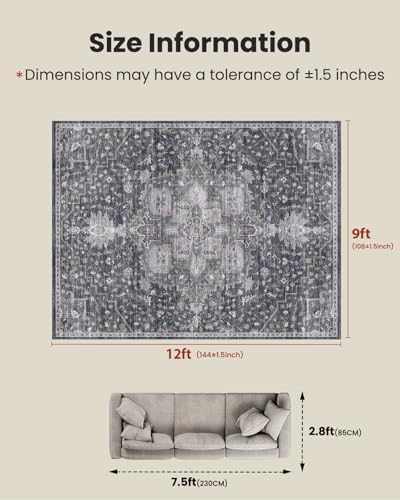 Amada Large 9x12 Washable Area Rug for Living Room, Gray/Gold, Vintage - Image 2