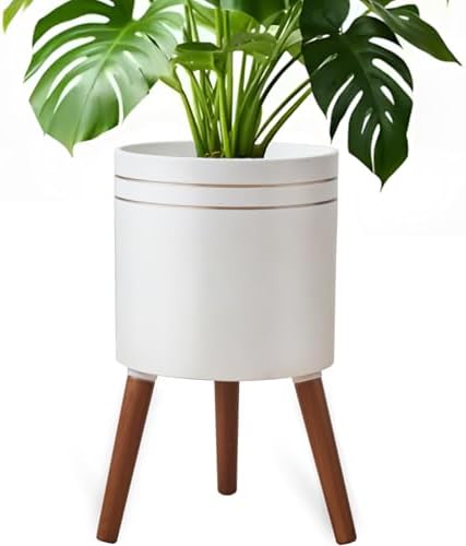 12 Inch Plant Pot with Oak Wood Stand, Large Planter for Indoor Plant, Simple Modern Flower Pot Flower Pot with Drainage Hole for Outdoor by nacltlo