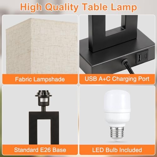 Seealle 22" Tall Living Room Lamps for Night Stands - Touch Bedside Lamp with USB C+A, 3 Way Dimmable Bedroom Lamps for End Tables Set of 2, Modern Night Stand Lamps for Bed Side(Cream&Black) - Image 5