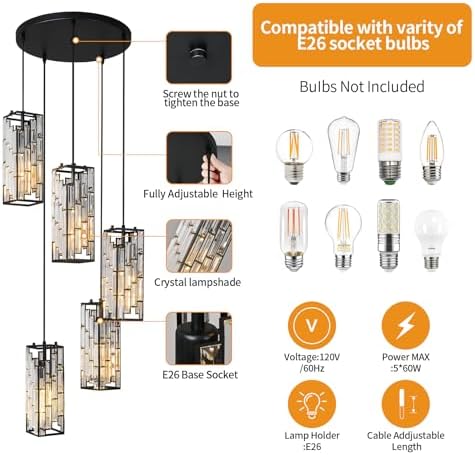 Black Pendant Lighting Modern Pendant Light, Mini Crystal Chandeliers,Adjustable Pendant Light Fixture for Kitchen Island Dinning Room Bedroom (5 Light) - Image 3